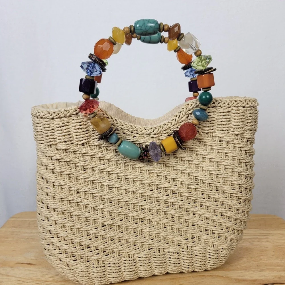 Cappelli Straworld Woven Straw Handbag Chunky Multicolor Beaded Ring Handle Tote